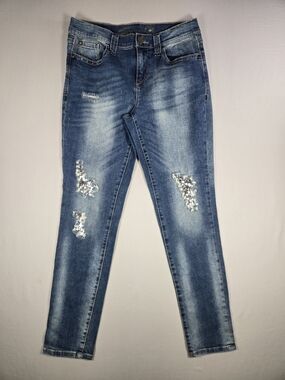 Seven7 Distressed Sequin Patch Girlfriend Embelished Sparkle Jeans Size 8